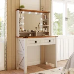 Small Vanity Desk with Mirror and Lights Wooden Makeup Vanity with Storage Drawers & Charging Station Women Bedroom Small Space