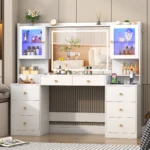 61.7" Large Vanity Desk with Mirror and Lights, Makeup Vanity with Charging Station, Sliding Drawers, 2 Cabinets with Glass Door
