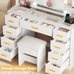 illuminated makeup vanity desk with glass top, 9 drawers, and power outlet for styling - Image 3