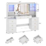 61.7" Large Vanity Desk with Mirror and Lights, Makeup Vanity with Charging Station, Sliding Drawers, 2 Cabinets with Glass Door - Image 6