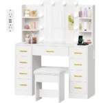 illuminated makeup vanity desk with glass top, 9 drawers, and power outlet for styling - Image 5