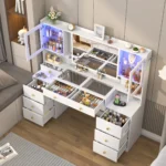 61.7" Large Vanity Desk with Mirror and Lights, Makeup Vanity with Charging Station, Sliding Drawers, 2 Cabinets with Glass Door - Image 3