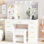 illuminated makeup vanity desk with glass top, 9 drawers, and power outlet for styling - Image 7